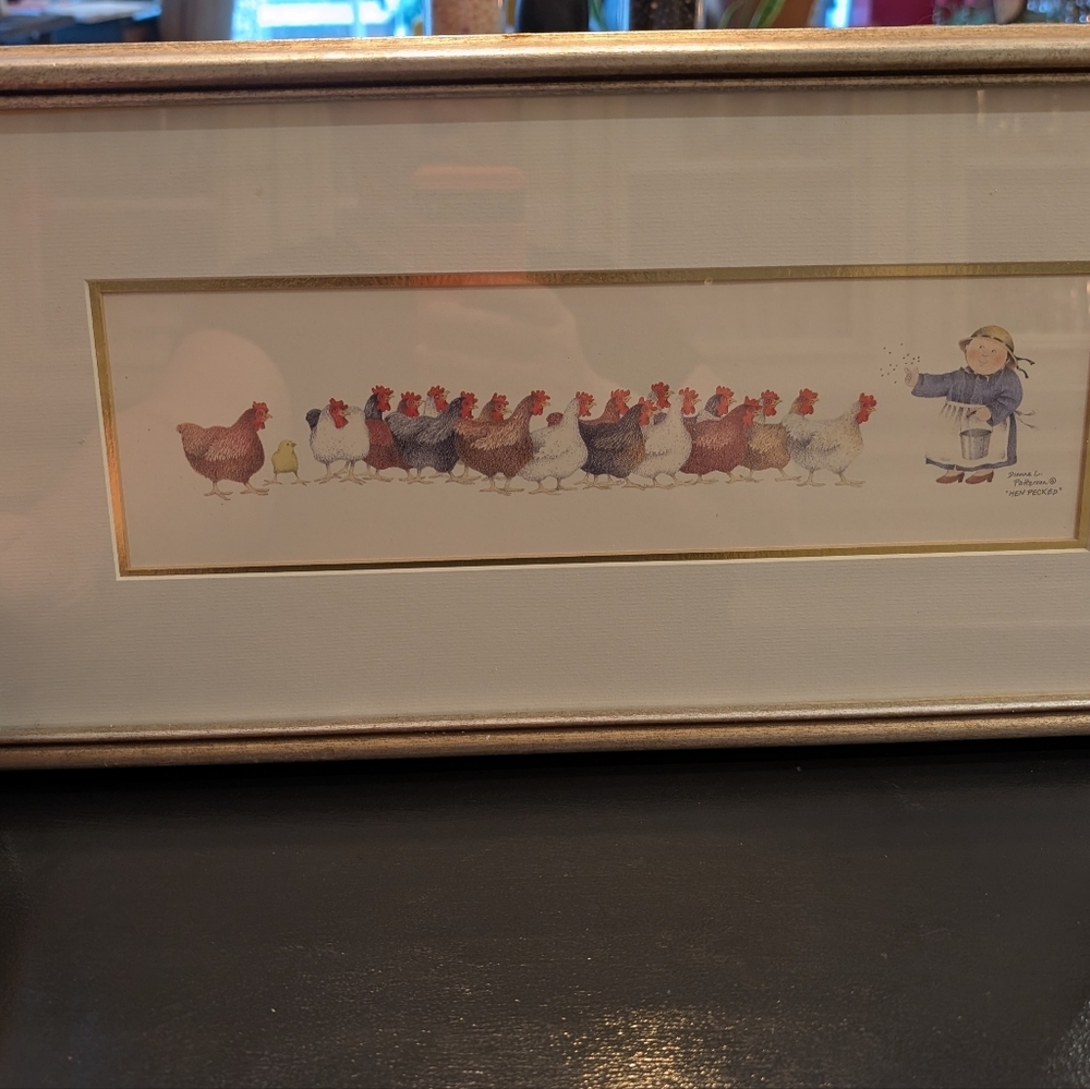 Vintage Country Farm Art “Hen Pecked” Framed Chicken Print Cottage Kitchen Decor